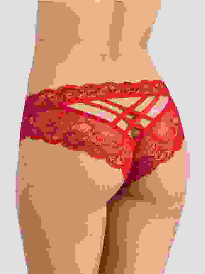 Lovehoney Red Lace Crotchless Criss-Cross Back Knickers, Red, hi-res